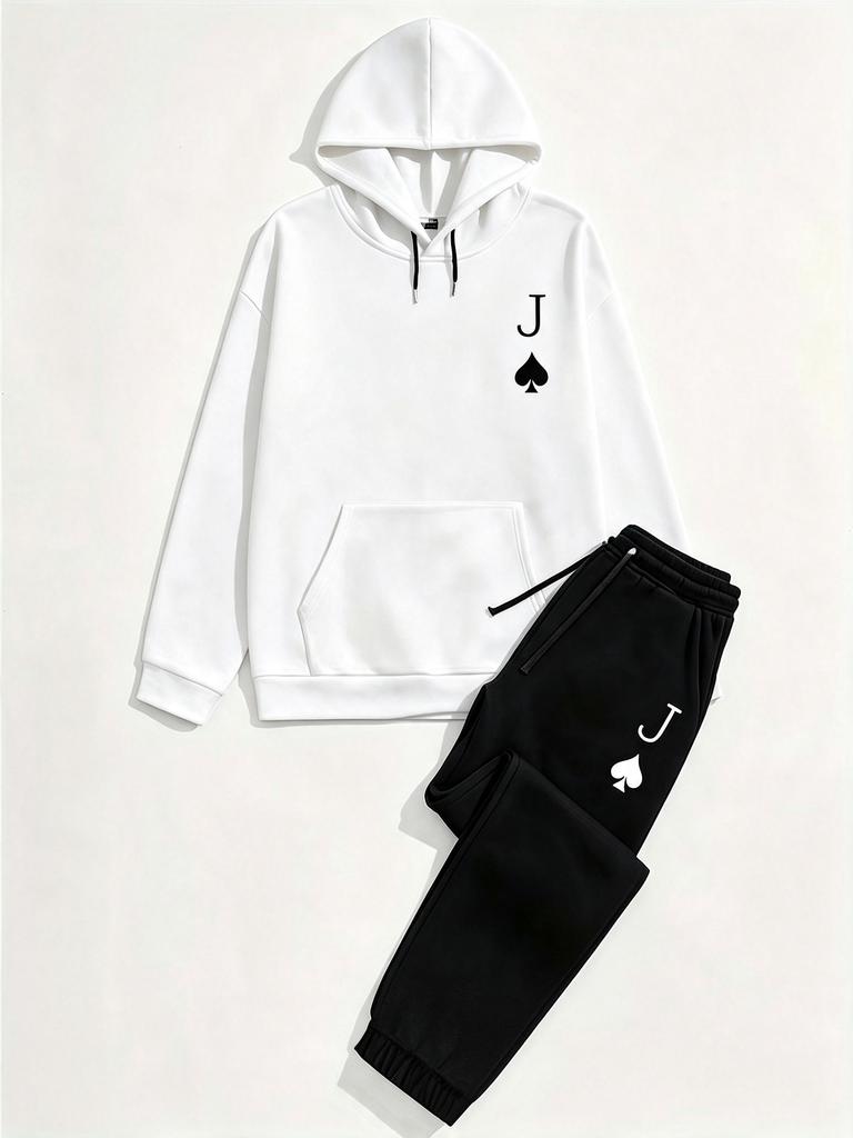 New Men's Fashionable Printed Autumn/winter Fleece-lined Thickened Long-sleeved Hooded Sweatshirt and Casual Jogging Pants Set
