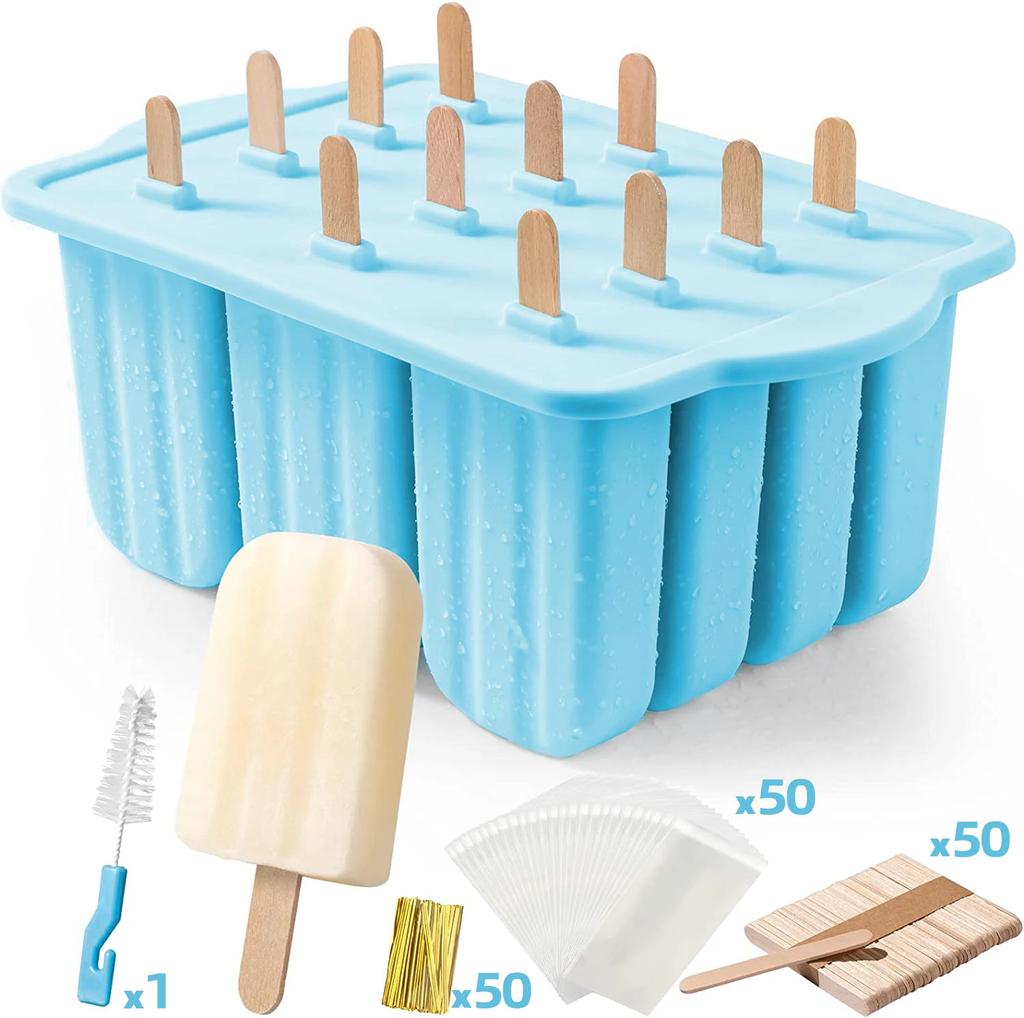 WIKHOSTAR 12 Grid Bpa-free Silicone Ice Cream Mould Tools with 50 Ice Cream Sticks and Packaging Bag DIY Ice Cream Mold Popsicle Maker for Home