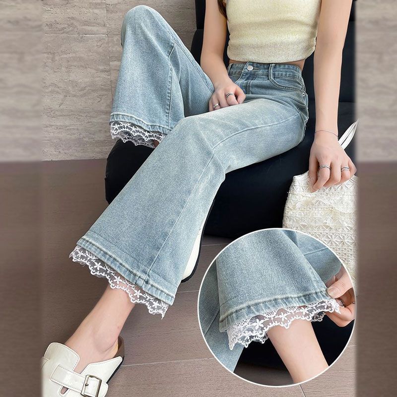 Light Blue Lace Nine Jeans Women Summer Big Yards Pear Shaped Body Thin Elastic Straight Flared Pants Retro Street Style Baggy Long Jeans for Ladies