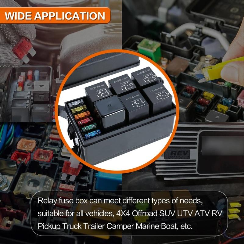 12V Relay Box with Waterproof Relay Fuse Block with 5x5pin JD1914 and 1x4pin RTT7121 Relay 6x ATC/ATO Blades Fuse for Car Truck