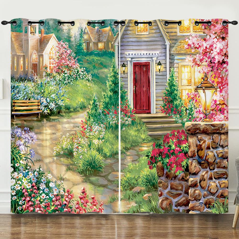Curtain Oil Painting Landscape Firefly 3D Digital Printing Blackout Curtain Punching