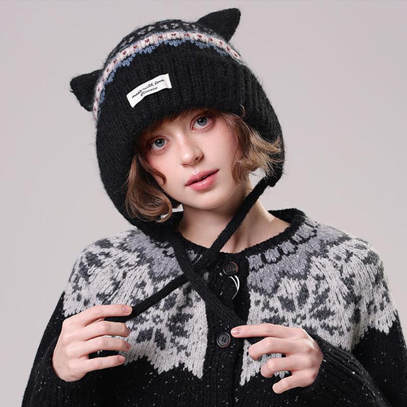 Autumn Winter Cartoon Cat Ears Knitted Hat for Women's Outdoor Wool Hat