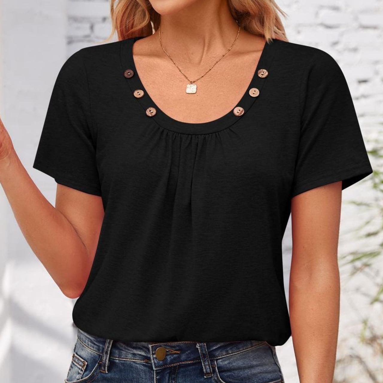 

GMXIA женские модные повседневные летние однотонные блузки и рубашки с короткими рукавами с застежкой и U-образным вырезом XL чёрный