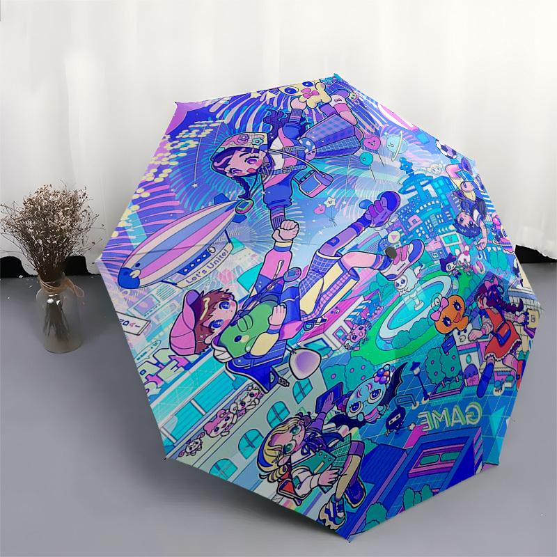 1pc Outdoor Umbrella with Cute Characters - Automatic Opening/Closing, Portable 3-Fold Design, 8-Rib Iron Frame, Perfect for Fans, Travelers, Dai
