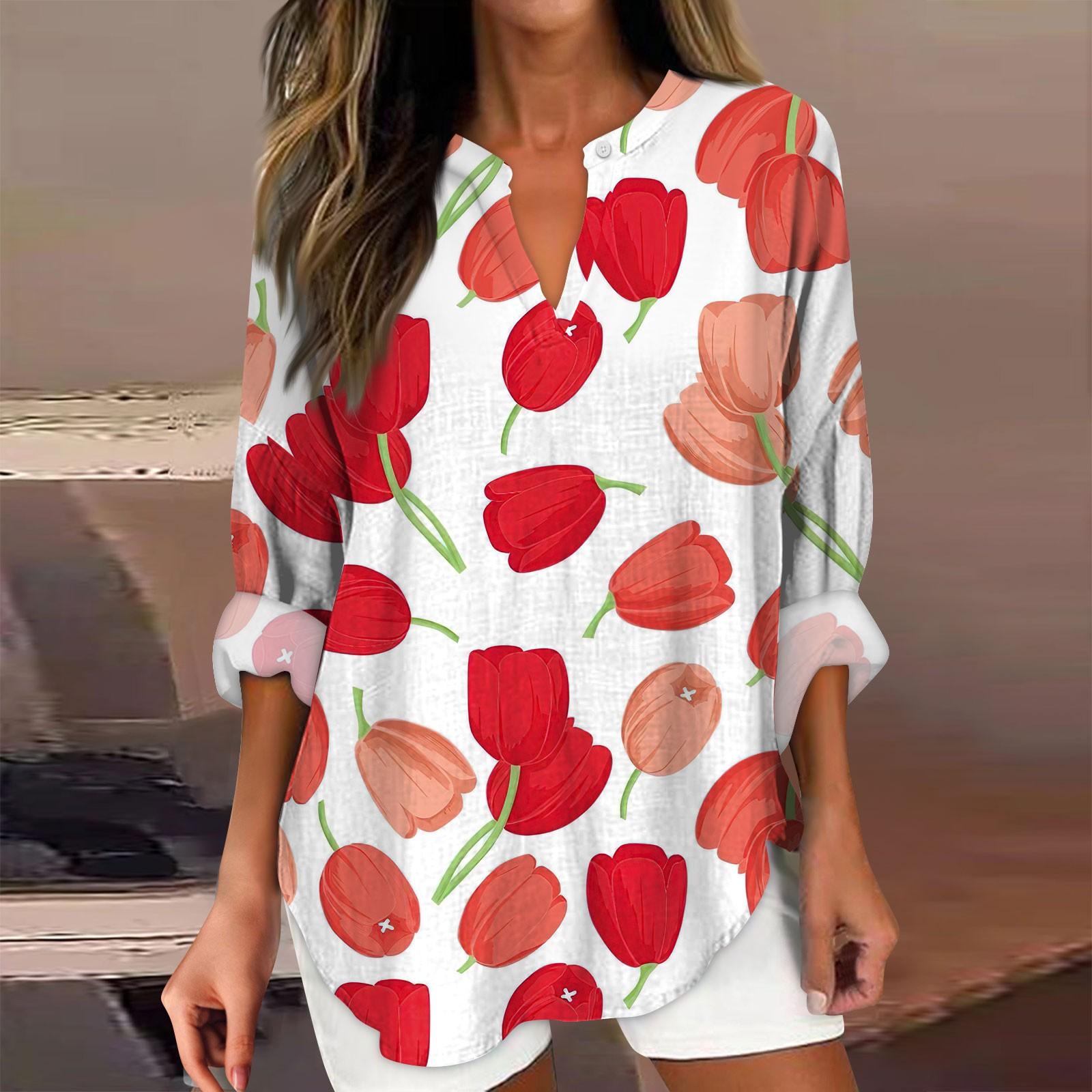 

Жіночі модні повсякденні топи з квітковим принтом і довгими рукавами з V-подібним вирізом L червоний