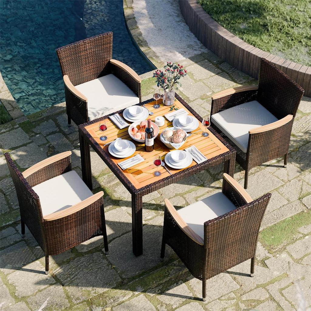 5-teiliges Outdoor-Terrassen-Essset, Rattan-Terrassenmöbelset mit Holztisch und 4 Stühlen mit weichen Kissen für Hof, Garten