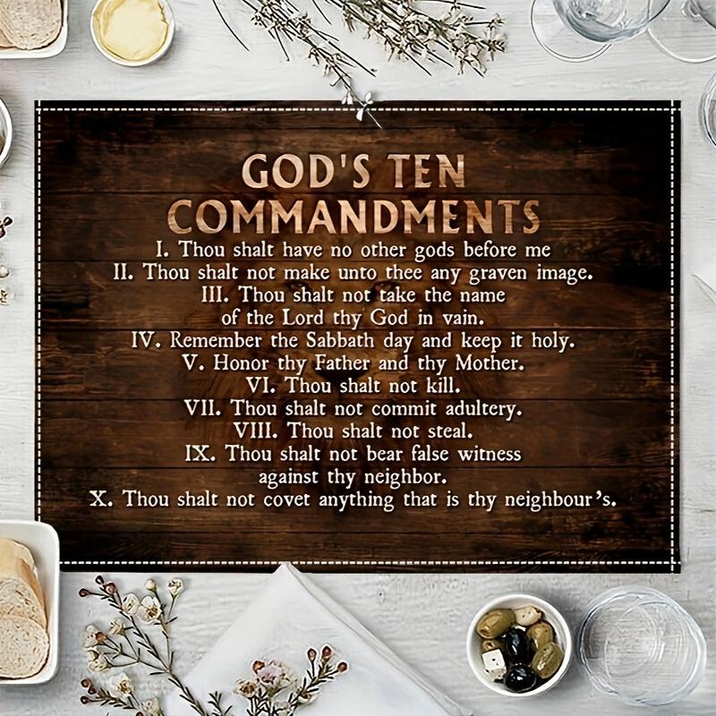 Set of 4 Flat 2D Table Mats Featuring a Lion Background with The Ten Commandments. Elegant Placemats for Kitchen Tables, Suitable for Both Indoor And