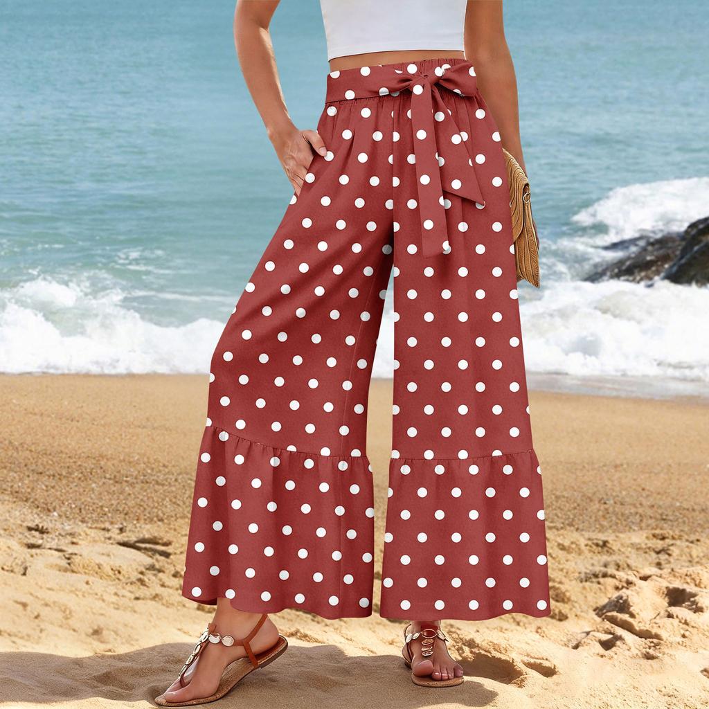 Damen Freizeithose mit weitem Bein, Stretch, Hoher Bund, Gerüschter Saum, Weite Beine, Mit Gürtel und Taschen