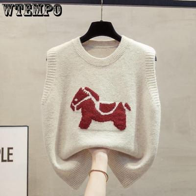 Women's Round Neck Knitted Vest Pony Embroidered Loose Sweater Tank Top Knitted Vest Top