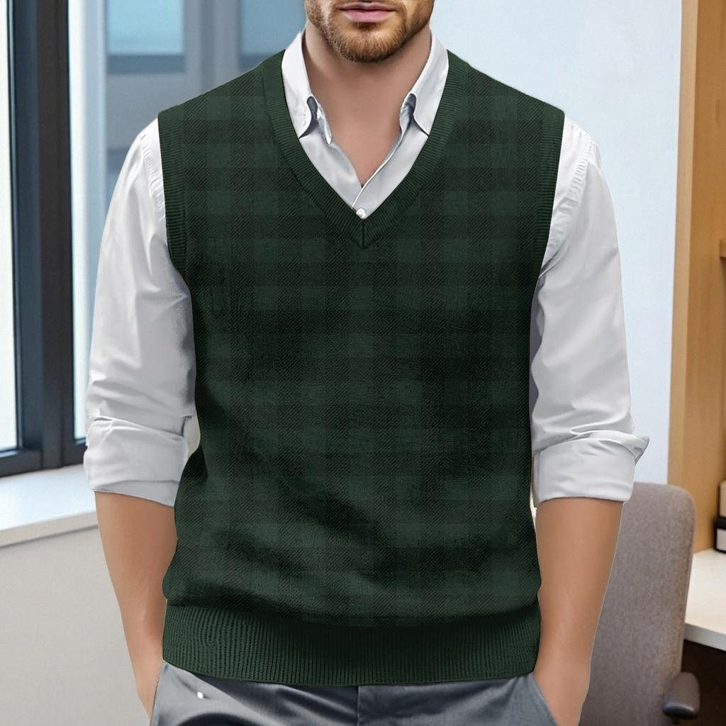Men's Plaid Printed Sleeveless V-neck Vest Knit Jumper