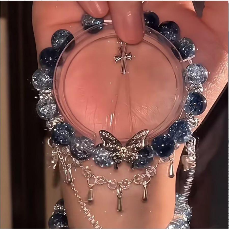 Luxusné náramky z fialových sklenených krištáľových korálok pre ženy, elegantné motýlie strapcové prívesky, náramky s príveskom, sladké dievčenské šperky na zápästie