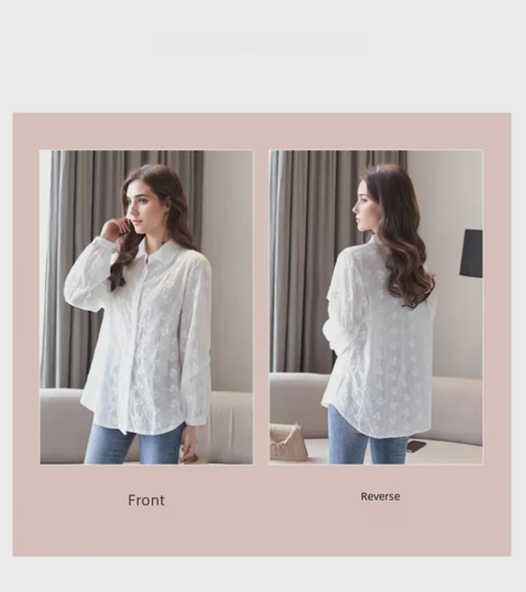 Cămașă de damă cu mânecă lungă, albă, din bumbac cu dantelă, cu rever - Chic Primăvara 2025