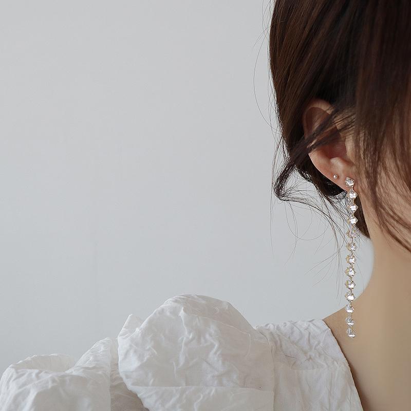Korean Fashion Jewelry 14K Real Gold Plated Copper Inlaid AAA Zircon Earrings Luxury Long Shiny Wedding Prom Earrings