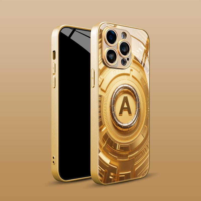 Goldene A-Buchstaben Mechanische Technologie Stil Muster Glas Handyhülle Geeignet für iPhone 17 16 15 14 13 12 11 etc.