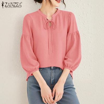 Women Casual Stand Collar 3/4 Sleeve Loose Blouse