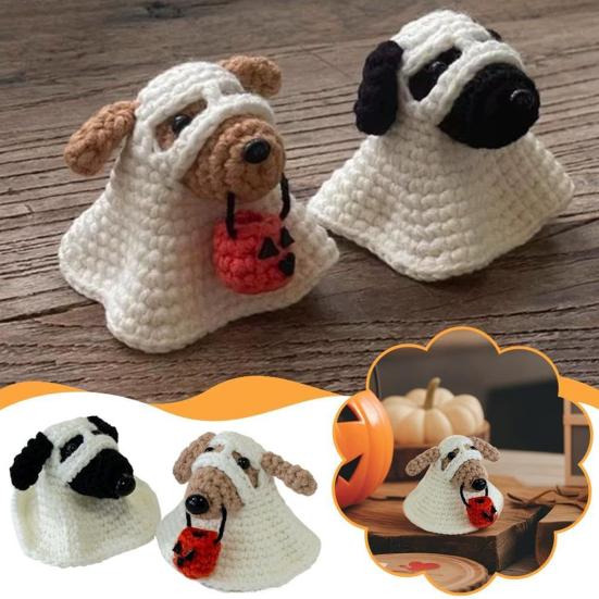 1/2Pcs Halloween Crochet Ghost Dog Doll Mini Handmade Knitting Pumpkin Ghost Puppy Doll Home Office Desktop Animal Decoration Ornament