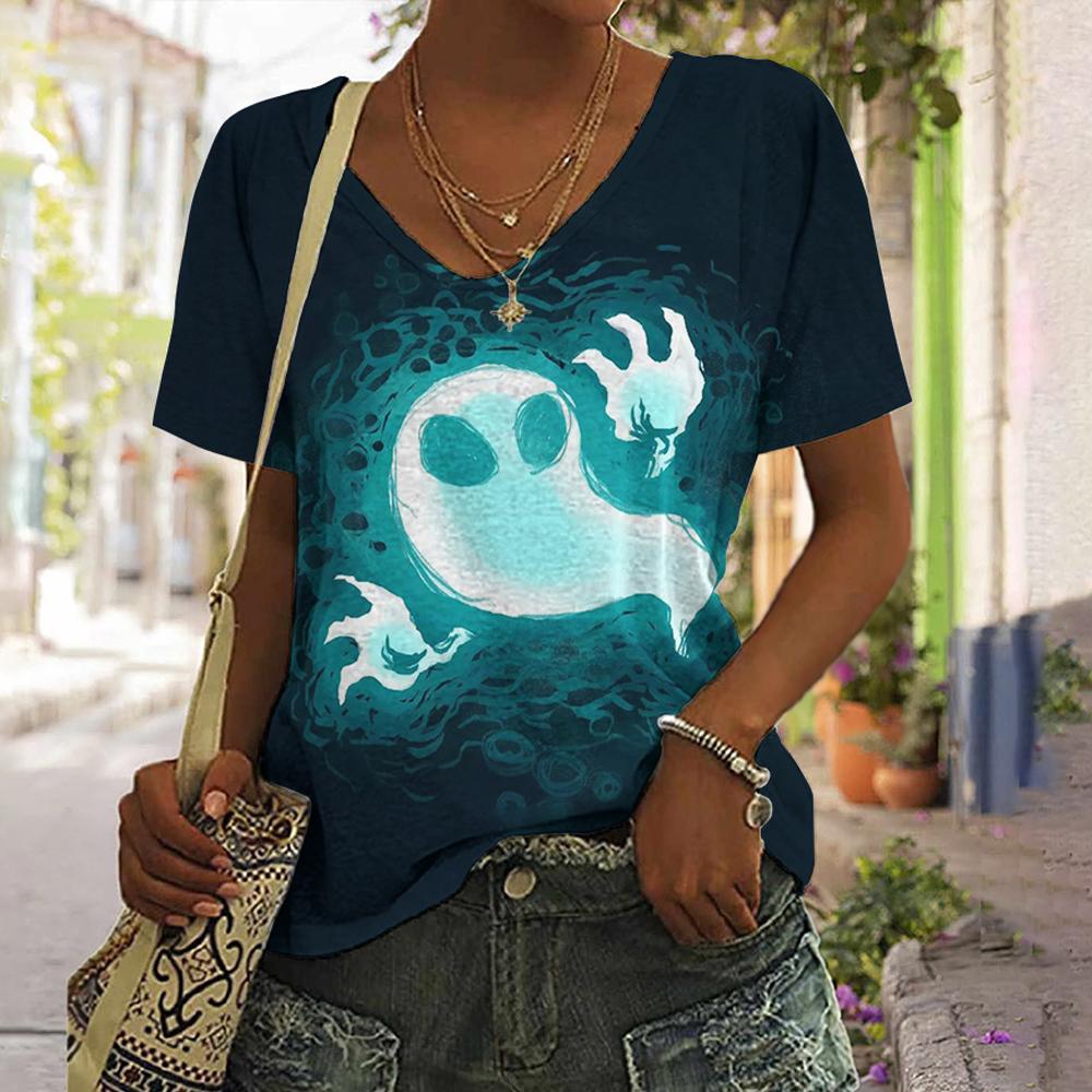 

T Shirt For Women 3d Funny Spectre Print V Neck Short Sleeve Basic Tops Streetwear 2023 Summer Casual Oversized Female Clothing L