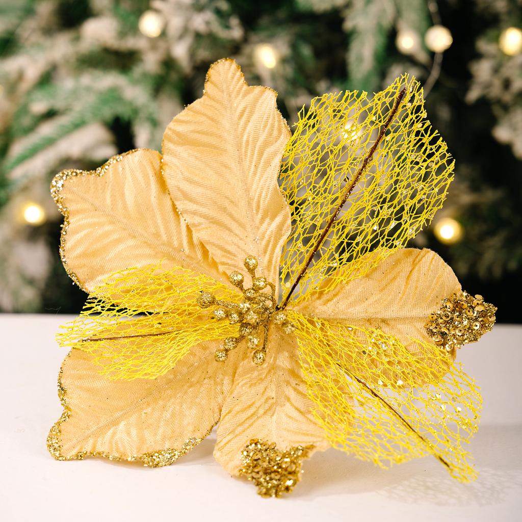 1PCS Christmas Ornament Golden Red Simulation Christmas Flower Handmade Maple Leaf Decorative Flower Christmas Flower Pendant