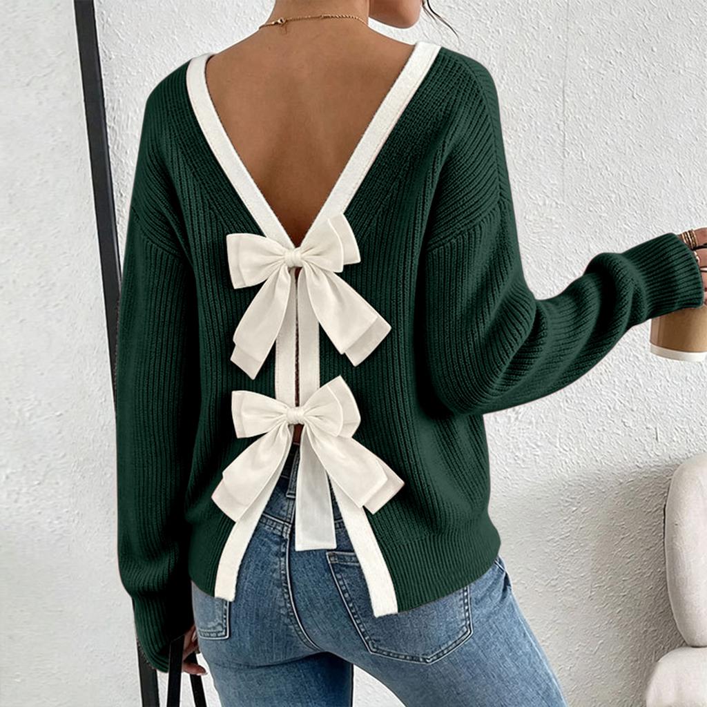 Women's Fall Winter Long Sleeve Round Neck Pullover Sweater with Back Knit Top
