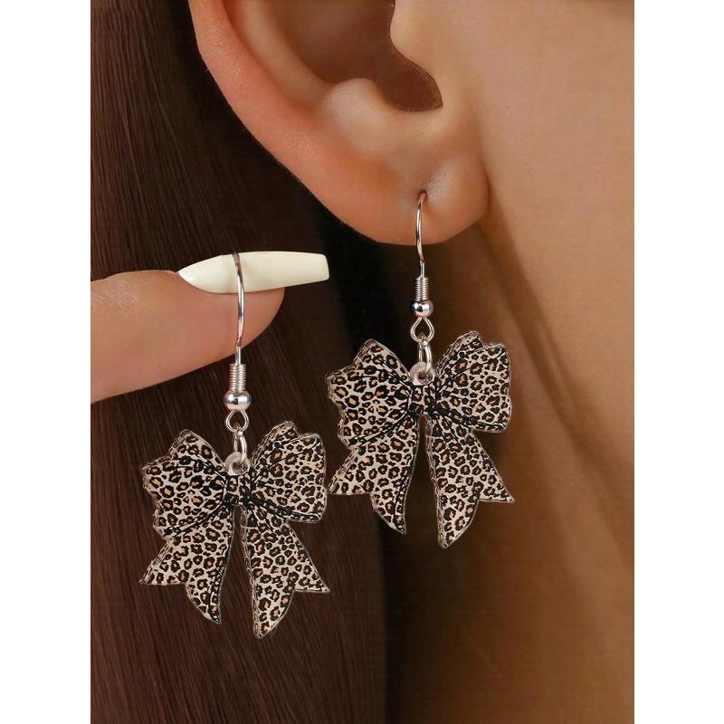 Fashionable Leopard Print Bow Acrylic Flat 2D Earrings, Versatile For Daily Wear And Party Accessories