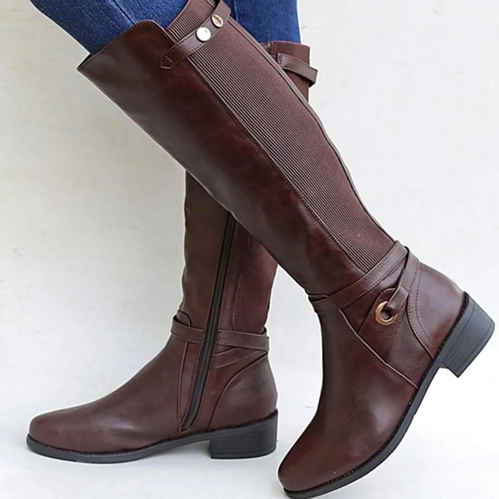Damenstiefel aus Leder mit klobigem Absatz, lange Stiefeletten, kniehohe Stiefel für Damen, Winterschuhe, Schlabberstiefel für Damen, breite Wade