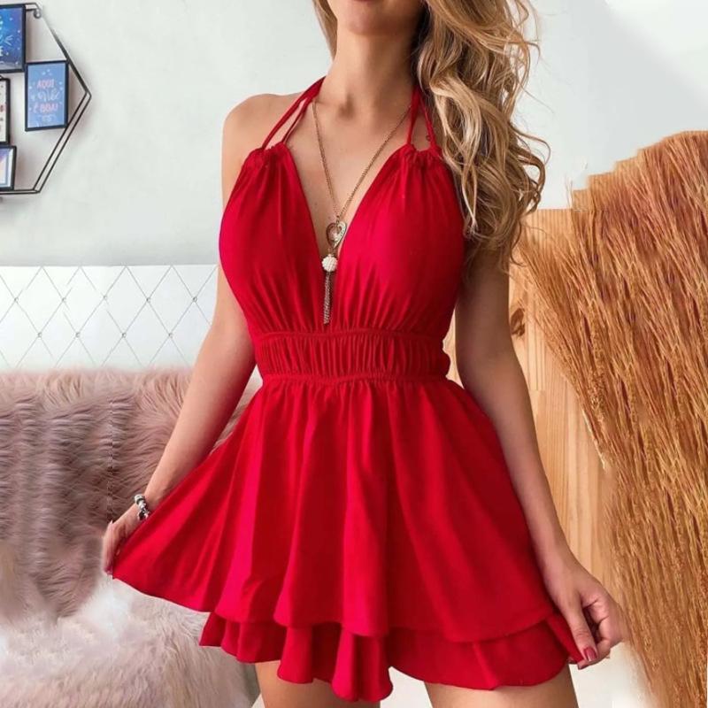 European & American Summer Women's Solid Color Halter Neck Chiffon Dress with Ruffle Detailing - Sexy Slimming Backless Design