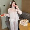 Pure desire wind sweet princess pajamas women's spring and autumn new ice silk French lace long-sleeved loungewear