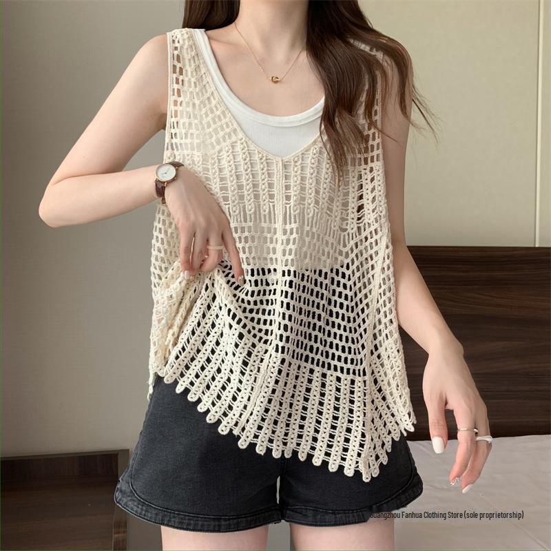 Bohemian Retro Sleeveless Layered Camisole Sweater - Summer Hollow Design for Women