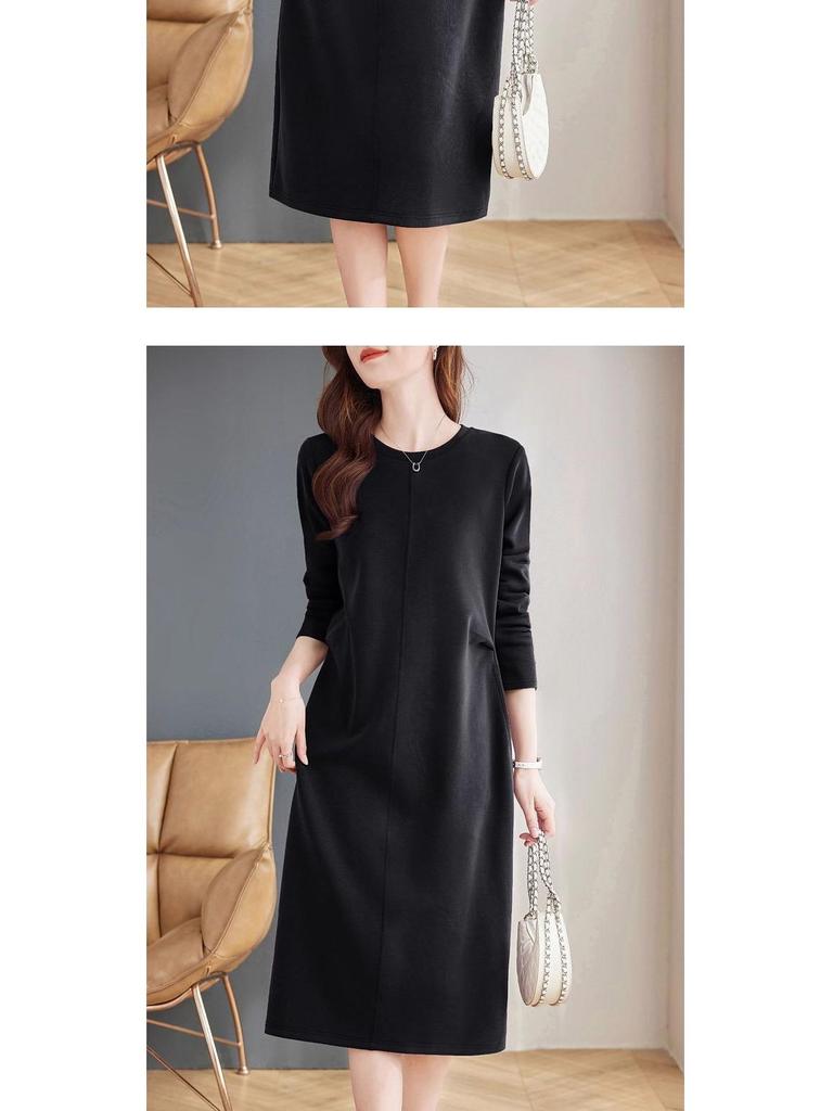 Elegant Plus-Size Purple Long-Sleeved Dress: Loose Slimming Straight Mid-Length for Spring & Autumn