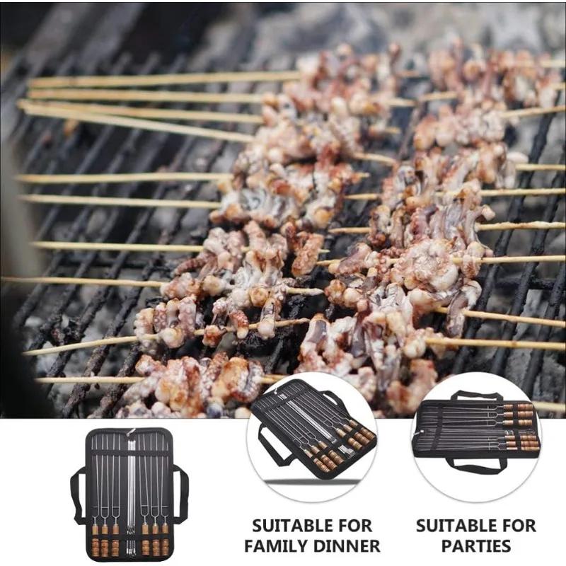 Stainless Steel BBQ Skewers Set with Wooden Handle Double Prong Outdoor Grilling Tools for Camping Picnic
