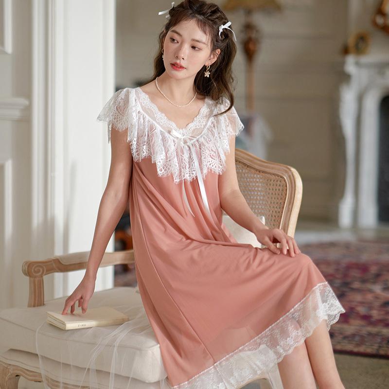 Summer Women s Princess Sleeveless Nightgown with Lace Trim One Size