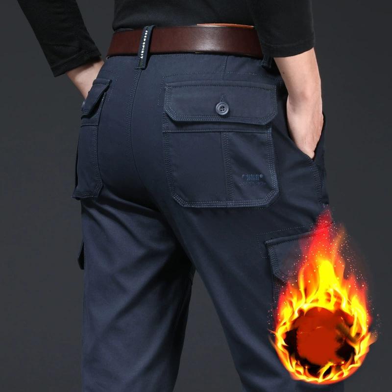 Calças Masculinas Outono Inverno para o Ano Todo com Múltiplos Bolsos, Soltas, Retas, com Veludo Grosso