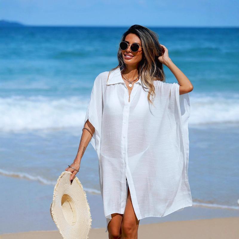 Copricostume da spiaggia estivo da donna camicia con colletto gonna da spiaggia top in tulle manica corta larga copricostume bikini
