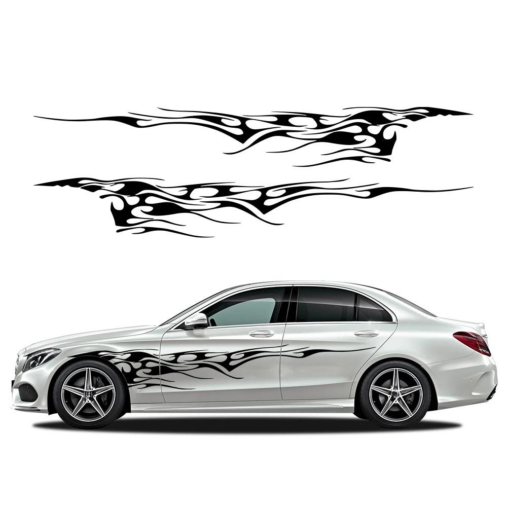 2PCS Flame Graphic Car Body Side Stickers Racing Sports Stripes Vinyl Decals Self-adhesive Auto Decorative Stickers Accessories