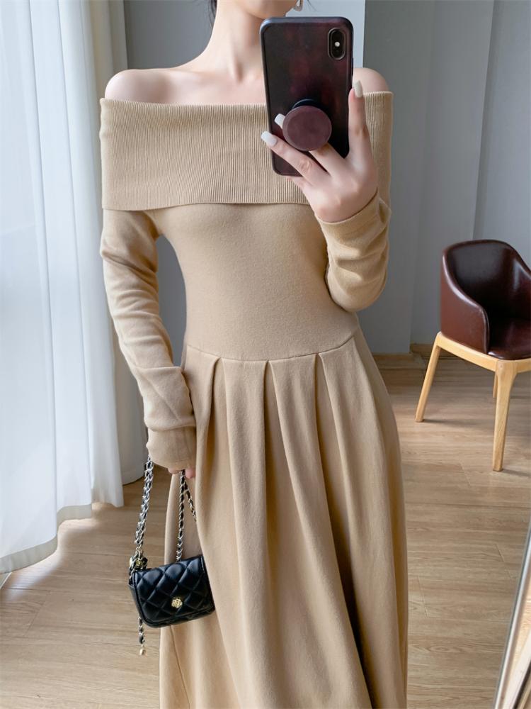 Sexy Off Shoulder One Piece Dress Women's New Solid Elegant Slim Knitted Long Dresses Korea Chic Designer Casual Party Clothing