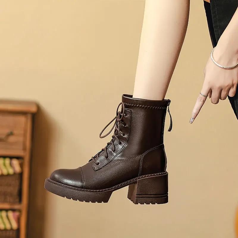 Fashion Women's Platform High Heel 2025 Autumn and Winter New Thick Heel Lace-up I British Style Short Boots Brown Single Boots
