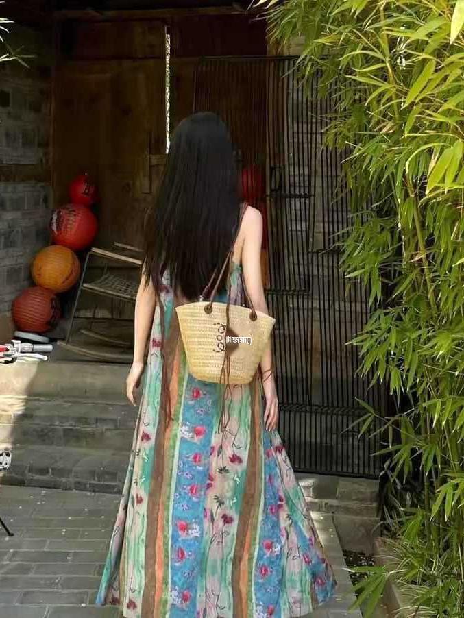 Women's Summer Seaside Floral Maxi Dress - Spaghetti Straps, French Retro Style