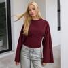Y25TP201 European and American Women's Solid Color Round Neck, Wide Sleeve, Cinched Waist Sexy Long Sleeve Top