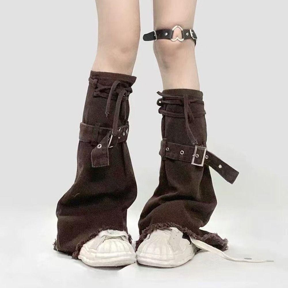 Frayed Flared Leg Warmers Adjustable Buckle Boot Cuffs Punk Denim Leg Warmers Boots Accessories