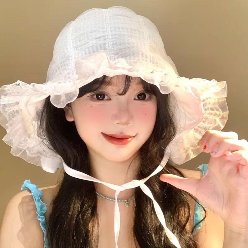 White Fisherman Hat Summer Visor Basin Cap Foldable Lace Bucket Hat  Girls