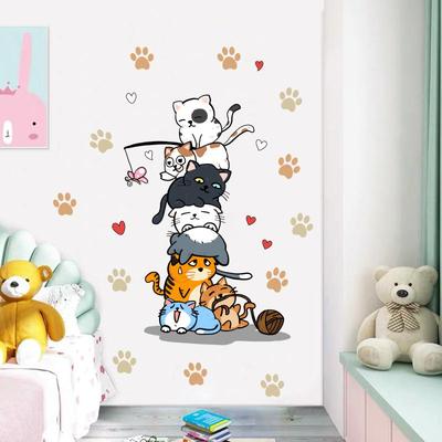 1Pc Cute Cats And Cat Paw Prints Stacked Together Wall Stickers For Kids Room Bedroom Wall Decals Home Decor