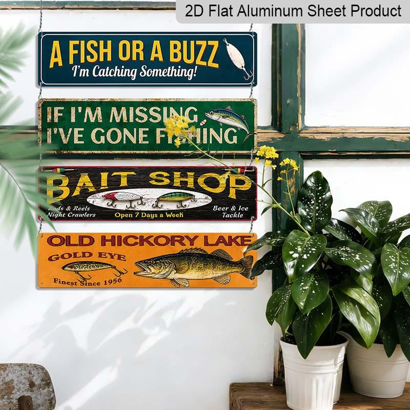 2D Flat 4Pair/Set Rustic Fishing Quote Aluminium Decorative Sign, Bass Fish Fishing Lure Vintage Aluminum Wall Plaque, Farmhouse Cabin Man Cave