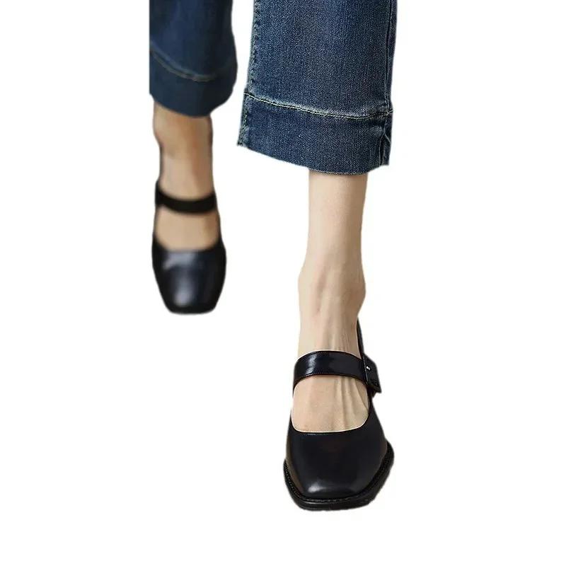 Vintage Brown Single Shoe Women's 2025 New Shallow Slip-on High Heel Shoe Thick Heel Mary Jane Woman's Summer Flat
