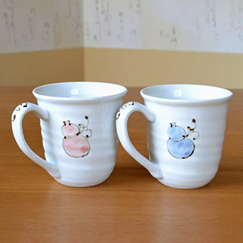 Auspicious gift for 77th birthday celebrations, wishing for good health and safety. Arita ware mugs, pair, with a flower and six gourd design, gift ta