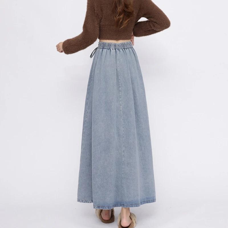 Lace Up Corset Midi Long Skirts Women Spring Summer Korea Style Vintage High Waist Jean Skirt A Line Ruffle Pleated Denim