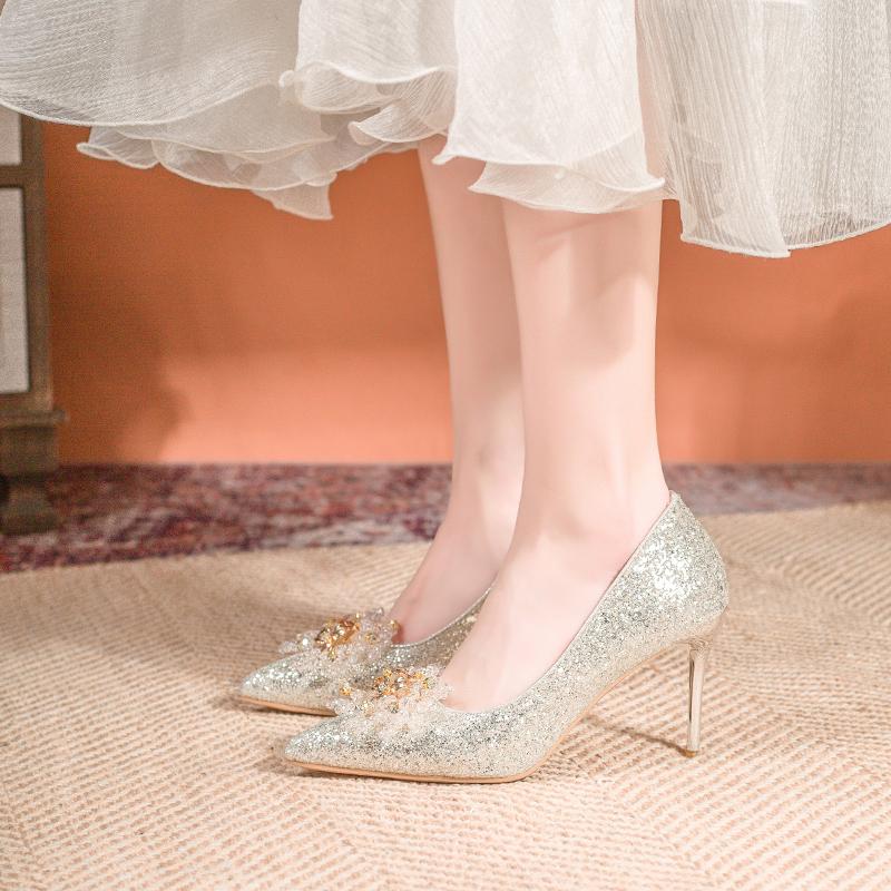 Fashion Women's Fashion Pointy Toe Shallow Mouth Beaded Flower Full Sequin Set Foot Non-slip Slim Heel Shoes New Summer High Heels