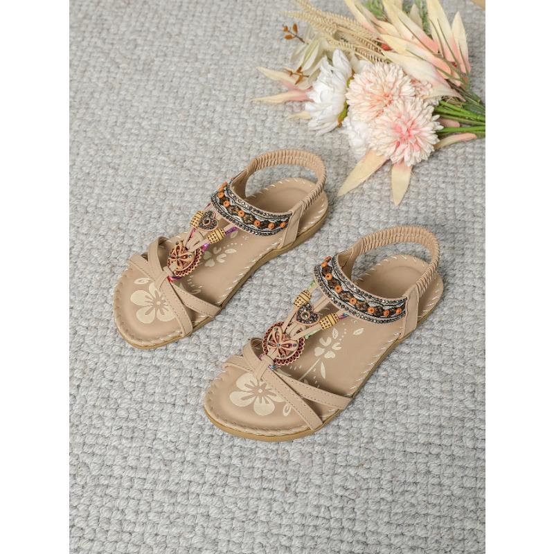 Sandali Bohemien con Perline Donna Punta Aperta Cinturino Elastico Scarpe Casual Estive
