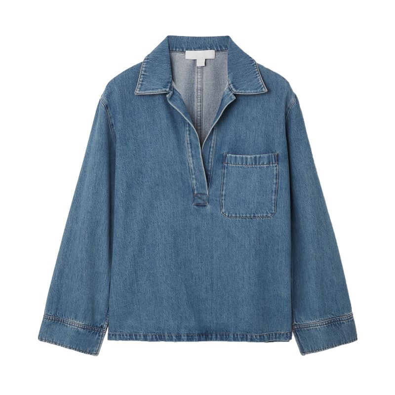 

Casual Style Open Collar Patch Pocket Denim Tops 1209427 Wide Leg Drawstring Grinding Pants 1209795 Top L