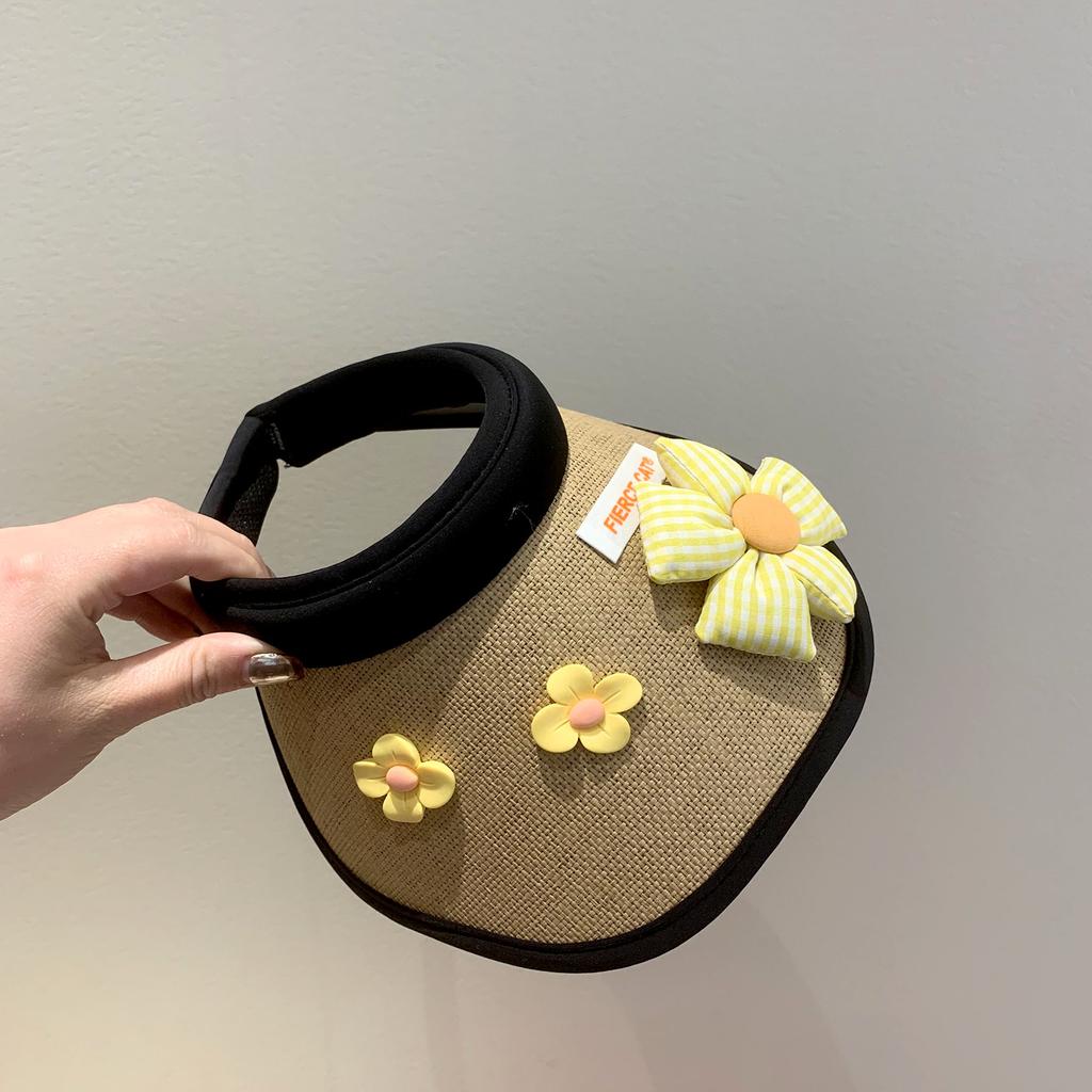 Three Little Flowers Children's Sunscreen Hat Baby Shade Empty Top Hat Summer Shell Hat Women's UV Protection Straw Hat