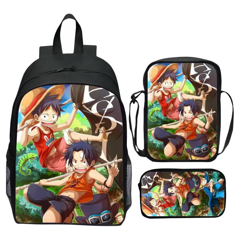 Set Zaino 3 Pezzi Stampato One Piece Cartone Animato Pirata Blu Marinaio Zaino Scuola Elementare Grande Capacità Resistente all'Acqua Zaino per Bambini